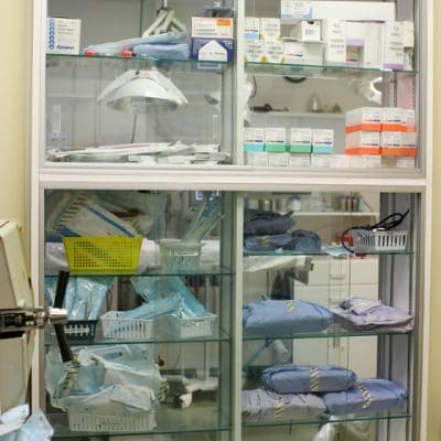 Storage cabinet well organized with extra medical supplies